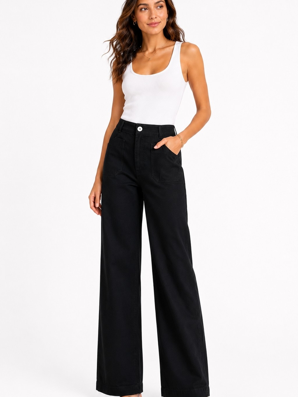 Maeve Anthropologie Colette Wide Leg Pants Black High Rise Patch Pockets Sz 26